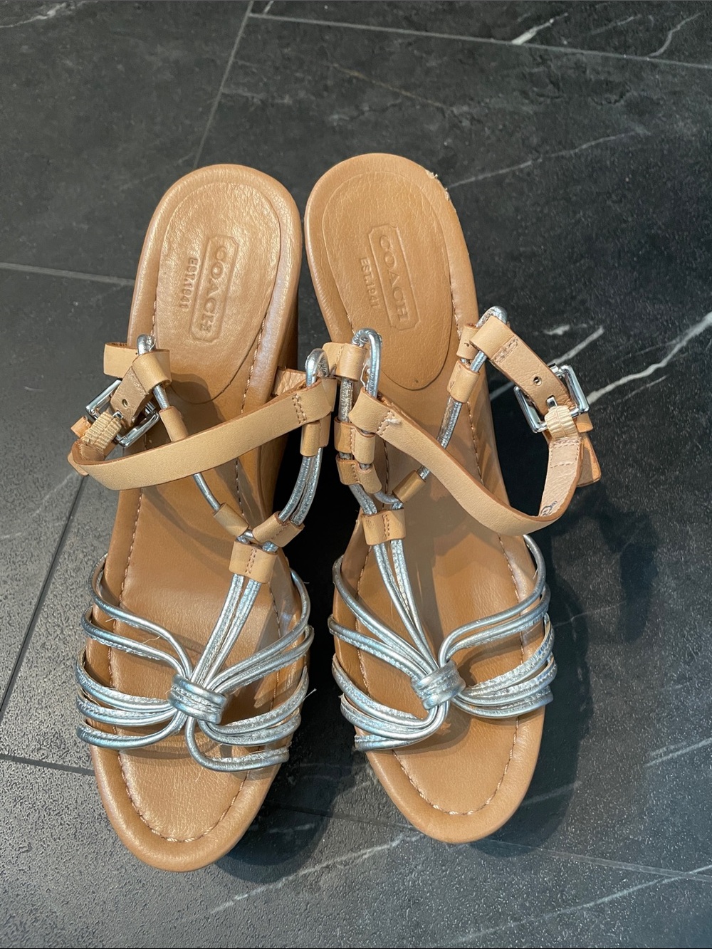 Coach Tan Leather Sandals with Silver Metallic Straps